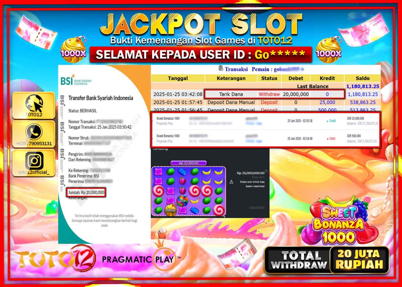 HANYA DI TOTO12 JP PASTI DI BAYAR LUNAS DAN CEPAT!!!!!! JACKPOT SLOT GAME (SWEET BONANZA 1000) Rp.20.000.000 !!!!