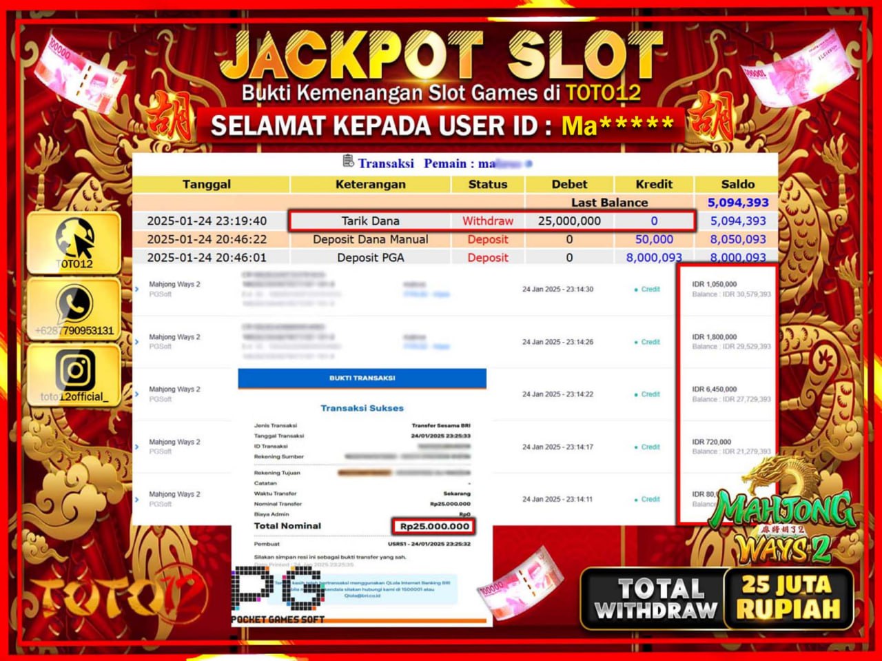 HANYA DI TOTO12 JP PASTI DI BAYAR LUNAS DAN CEPAT!!!!!! JACKPOT SLOT GAME (MAHJONG WAYS 2) Rp.15.000.000 !!!!