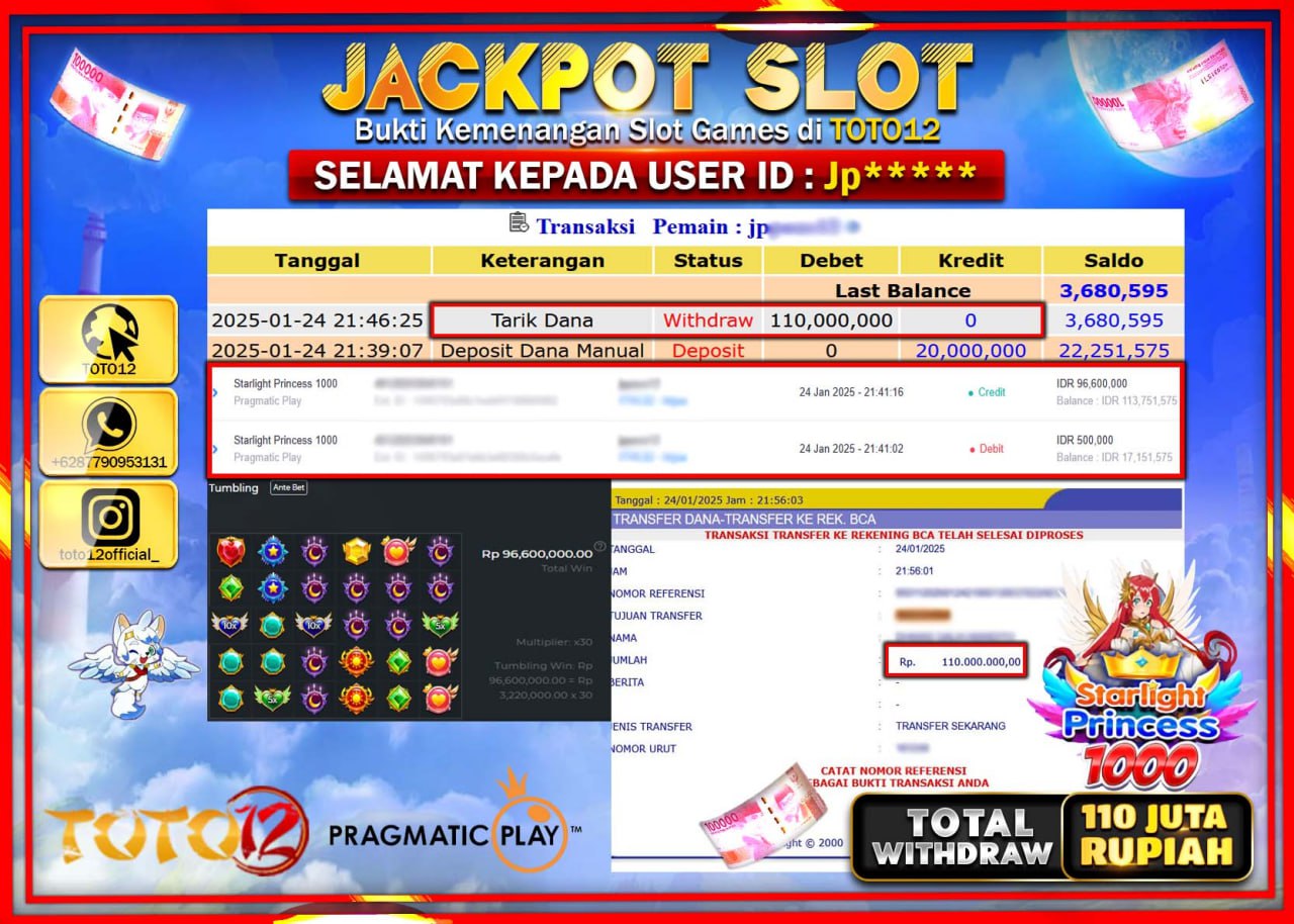 HANYA DI TOTO12 JP PASTI DI BAYAR LUNAS DAN CEPAT!!!!!! JACKPOT SLOT GAME (STARLIGHT PRINCESS 1000) Rp.110.000.000 !!!!
