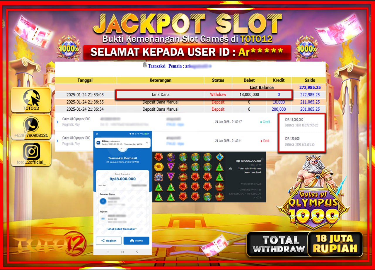 HANYA DI TOTO12 JP PASTI DI BAYAR LUNAS DAN CEPAT!!!!!! JACKPOT SLOT GAME (GATES OF OLYMPUS 1000) Rp.18.000.000 !!!!