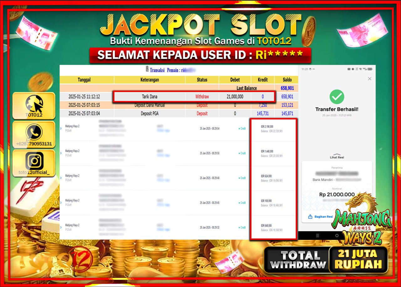 HANYA DI TOTO12 JP PASTI DI BAYAR LUNAS DAN CEPAT!!!!!! JACKPOT SLOT GAME (MAHJONG WAYS 2) Rp.21.000.000 !!!!