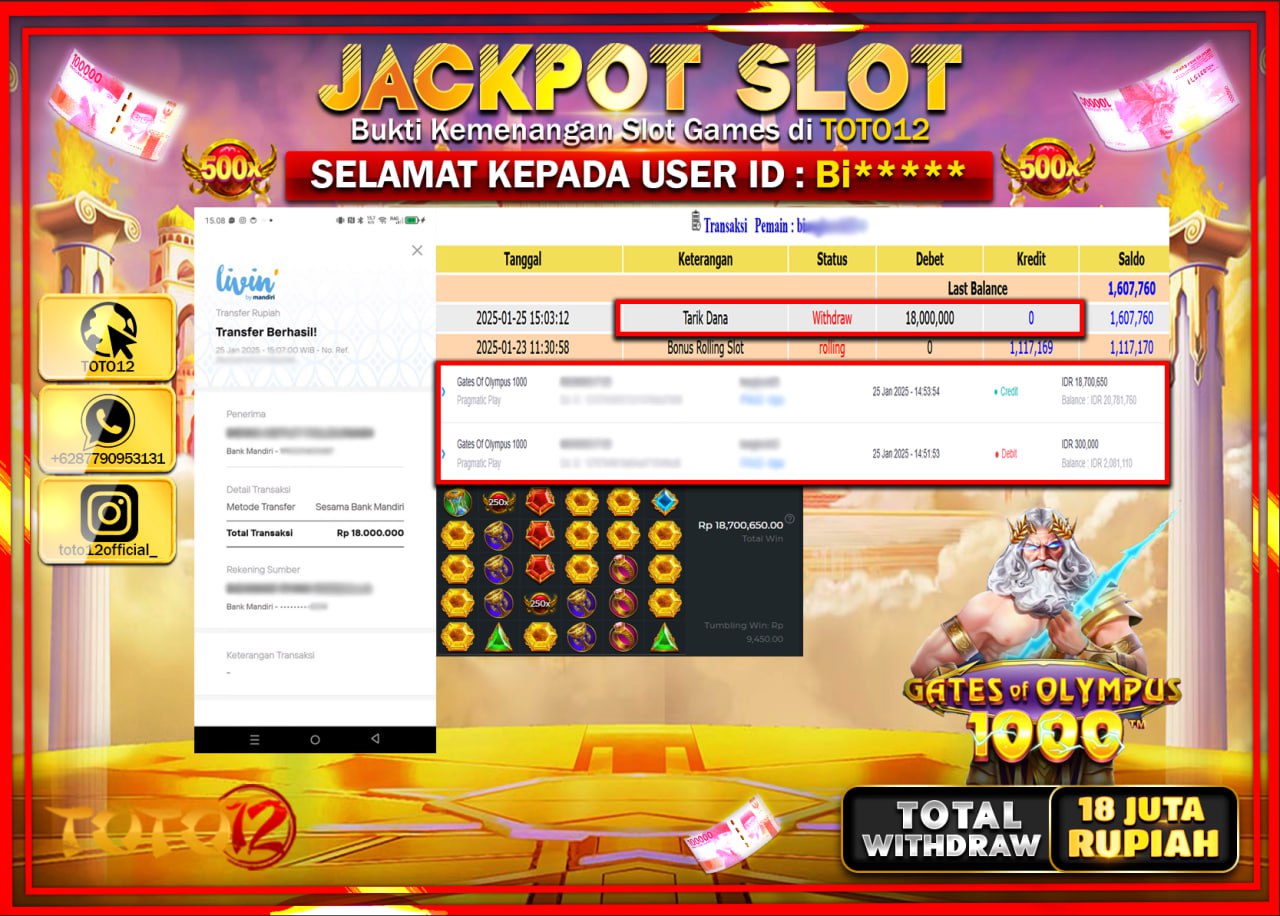 HANYA DI TOTO12 JP PASTI DI BAYAR LUNAS DAN CEPAT!!!!!! JACKPOT SLOT GAME (GATES OF OLYMPUS 1000) Rp.18.000.000 !!!!