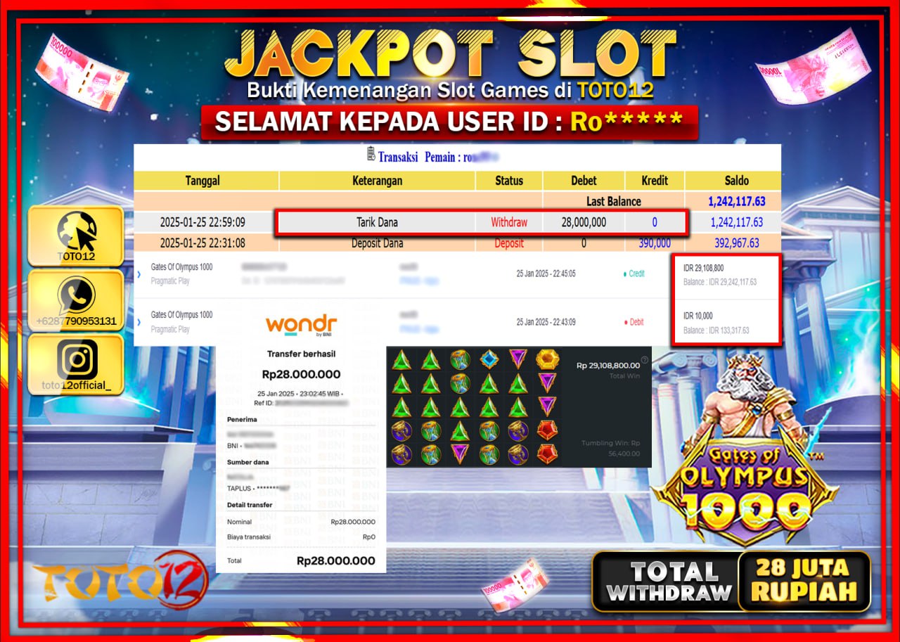HANYA DI TOTO12 JP PASTI DI BAYAR LUNAS DAN CEPAT!!!!!! JACKPOT SLOT GAME (GATES OF OLYMPUS 1000) Rp.28.000.000 !!!!