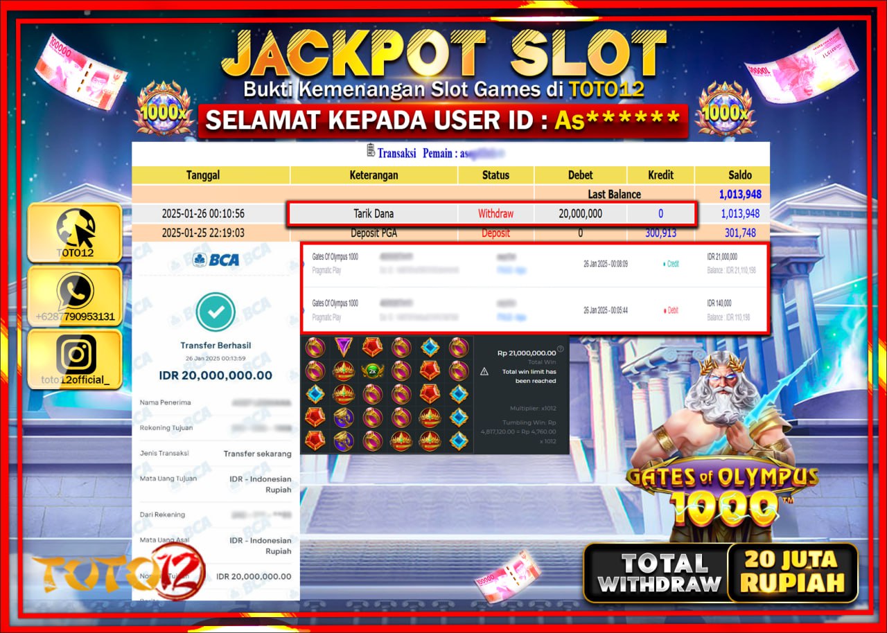 HANYA DI TOTO12 JP PASTI DI BAYAR LUNAS DAN CEPAT!!!!!! JACKPOT SLOT GAME (GATES OF OLYMPUS 1000) Rp.20.000.000 !!!!