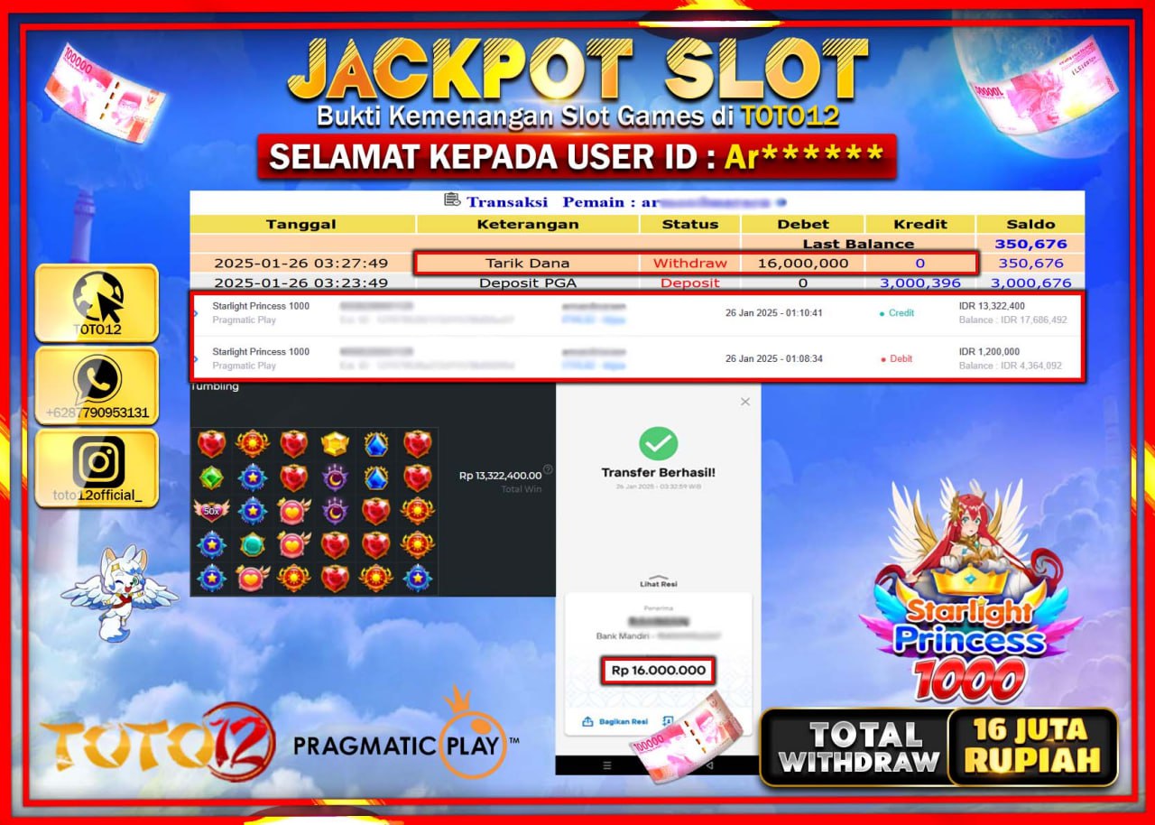 HANYA DI TOTO12 JP PASTI DI BAYAR LUNAS DAN CEPAT!!!!!! JACKPOT SLOT GAME (STARLIGHT PRINCESS 1000) Rp.16.000.000 !!!!