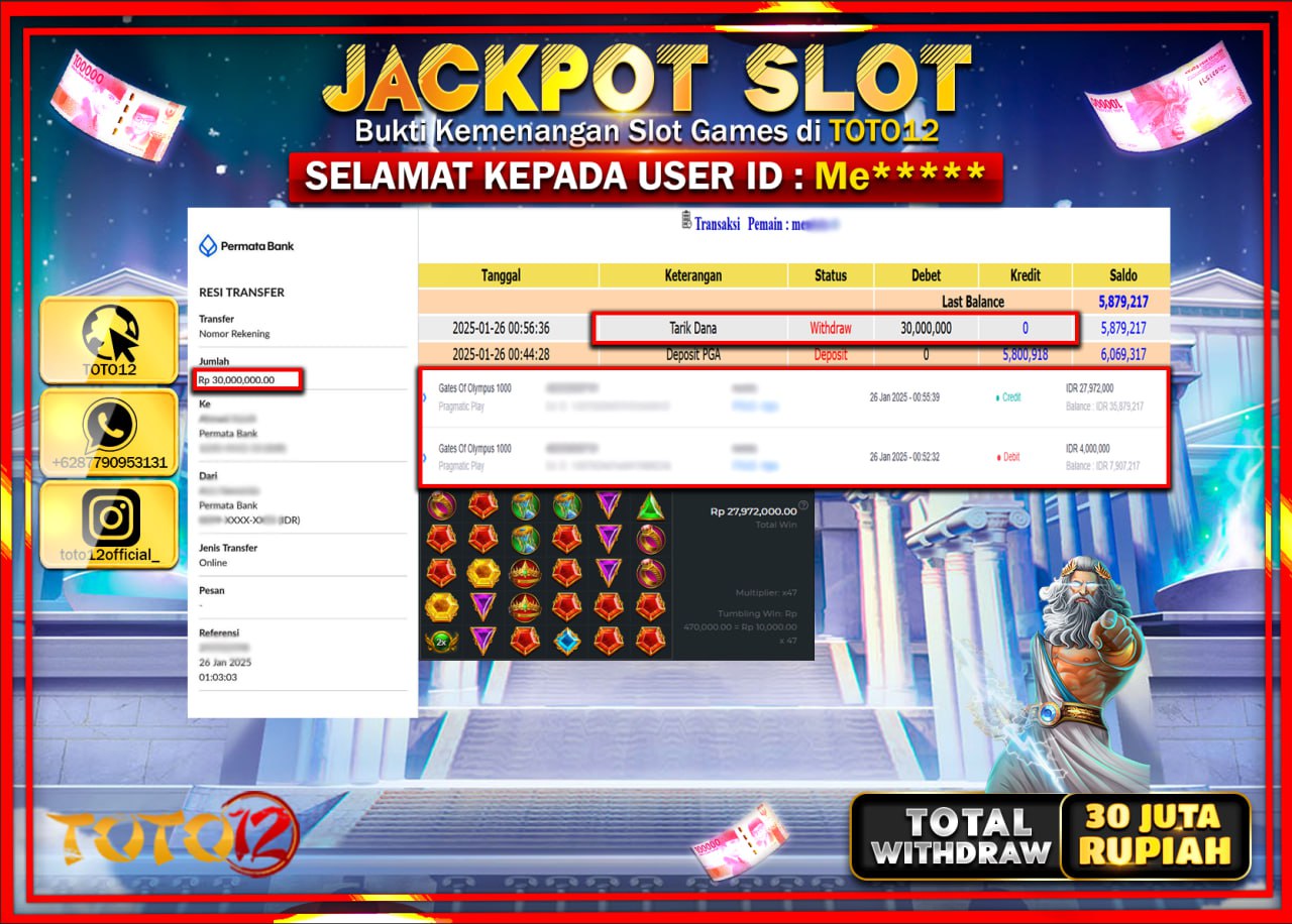 HANYA DI TOTO12 JP PASTI DI BAYAR LUNAS DAN CEPAT!!!!!! JACKPOT SLOT GAME (GATES OLYMPUS 1000) Rp.30.000.000 !!!!
