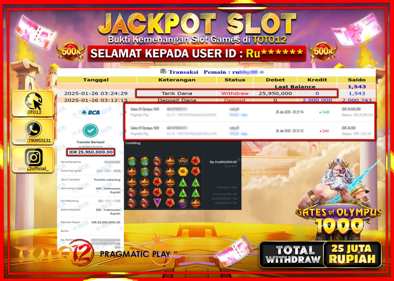 HANYA DI TOTO12 JP PASTI DI BAYAR LUNAS DAN CEPAT!!!!!! JACKPOT SLOT GAME (GATES OF OLYMPUS 1000) Rp.25.000.000 !!!!