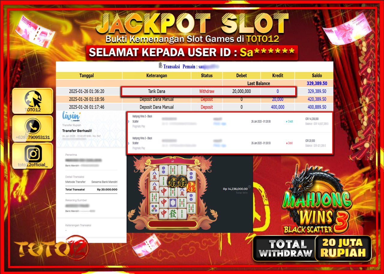 HANYA DI TOTO12 JP PASTI DI BAYAR LUNAS DAN CEPAT!!!!!! JACKPOT SLOT GAME (MAHJONG WINS 3 BLACK SCATTER) Rp.20.000.000 !!!!