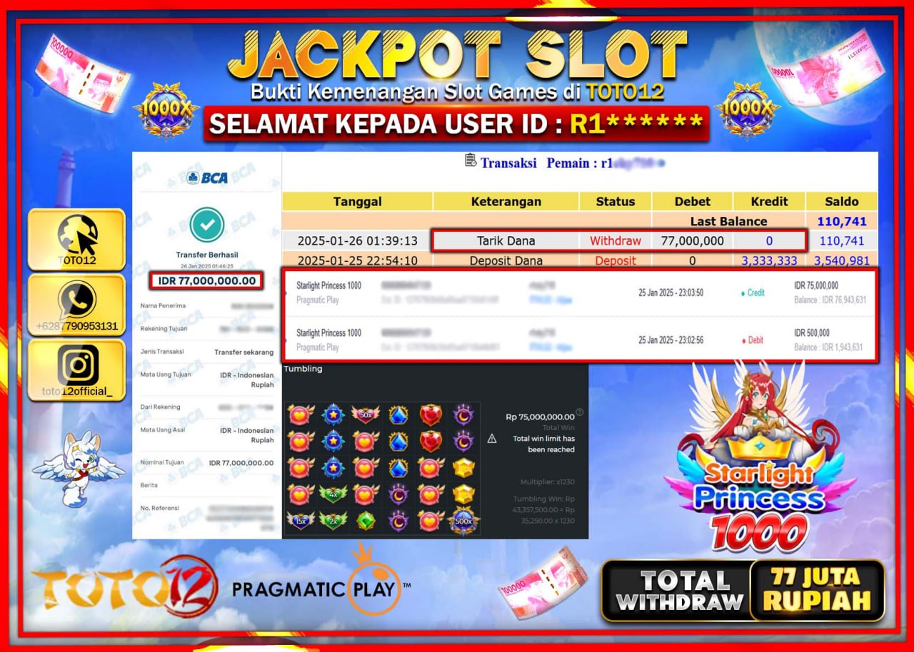 HANYA DI TOTO12 JP PASTI DI BAYAR LUNAS DAN CEPAT!!!!!! JACKPOT SLOT GAME (STARLIGHT PRINCESS 1000) Rp.77.000.000 !!!!