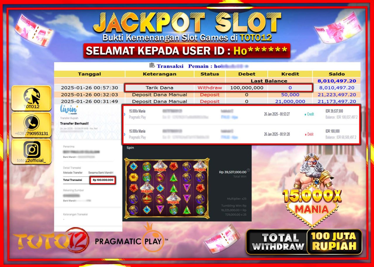 HANYA DI TOTO12 JP PASTI DI BAYAR LUNAS DAN CEPAT!!!!!! JACKPOT SLOT GAME (15000 X MANIA) Rp.100.000.000 !!!!