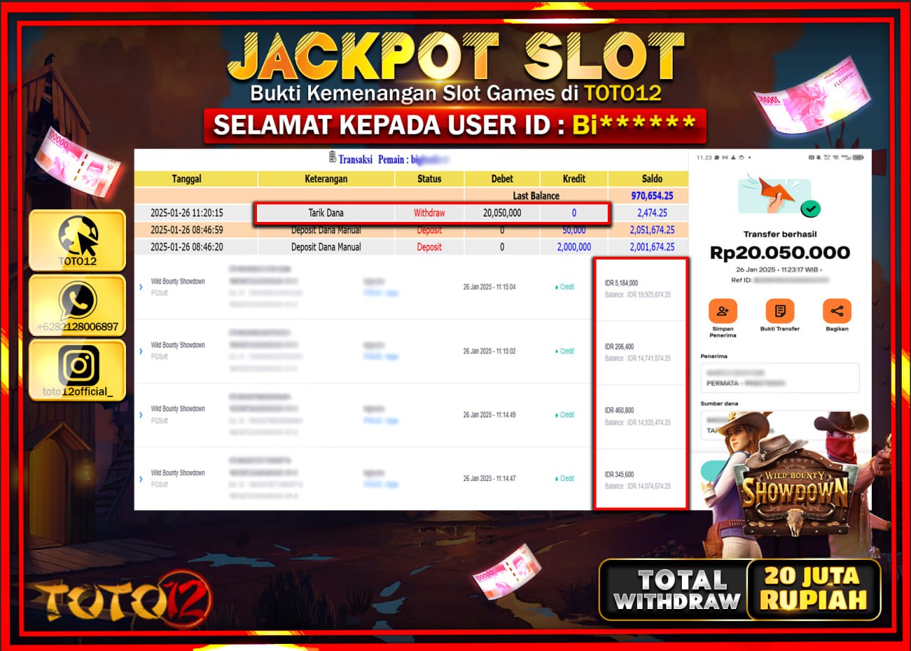 HANYA DI TOTO12 JP PASTI DI BAYAR LUNAS DAN CEPAT!!!!!! JACKPOT SLOT GAME (WILD BOUNTY SHOWDOWN) Rp.20.000.000 !!!!