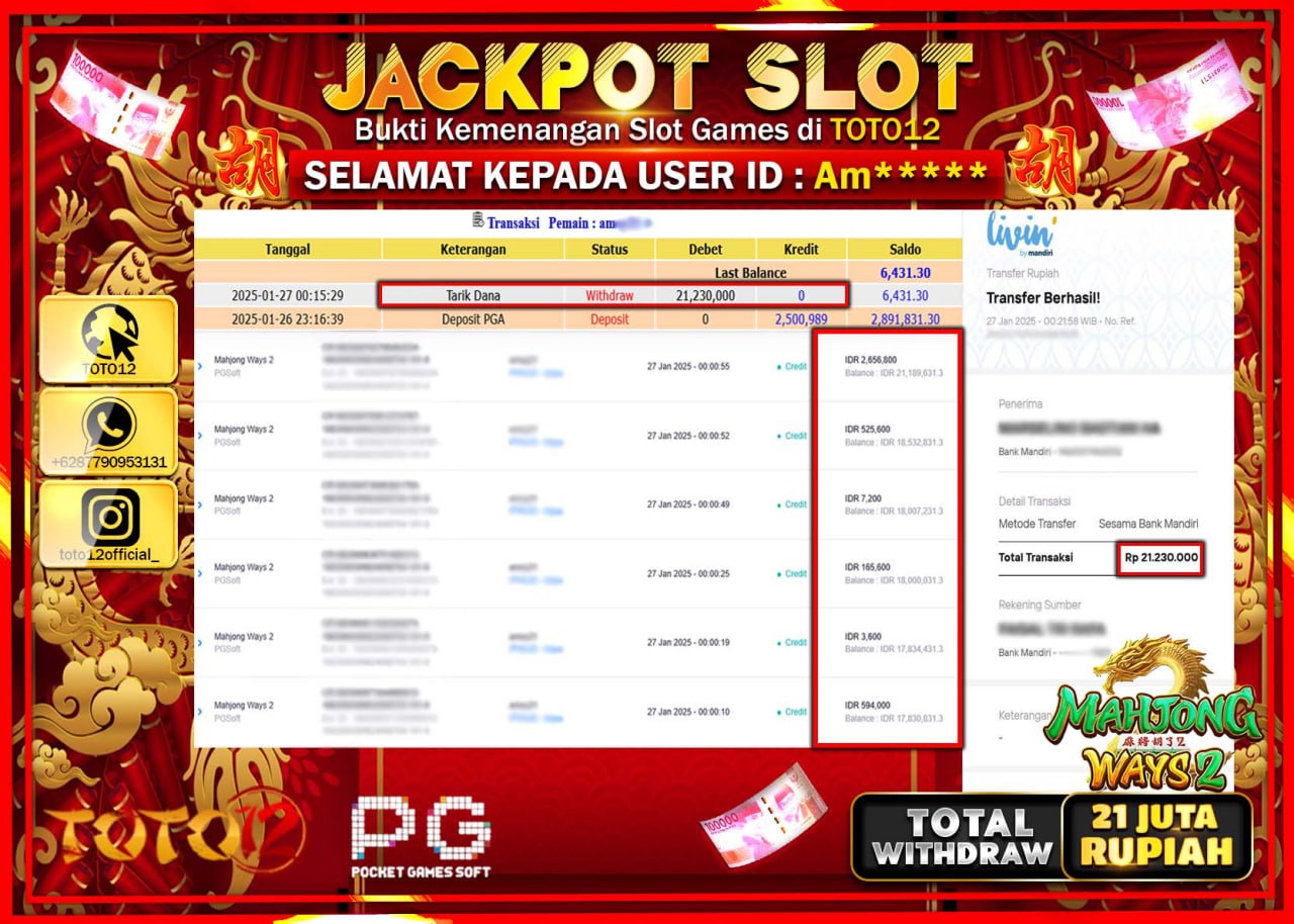 HANYA DI TOTO12 JP PASTI DI BAYAR LUNAS DAN CEPAT!!!!!! JACKPOT SLOT GAME (MAHJONG WAYS 2) Rp.21.000.000 !!!!