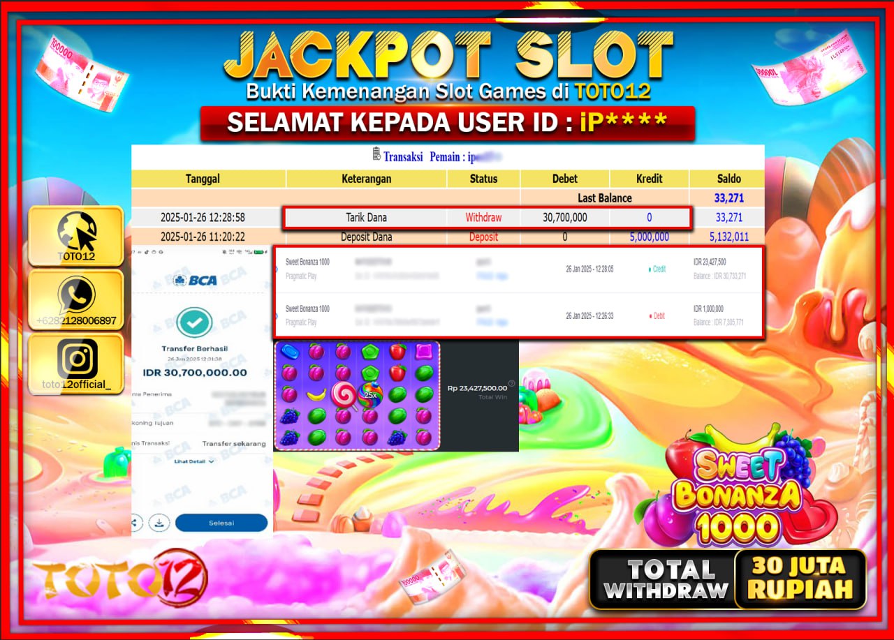 HANYA DI TOTO12 JP PASTI DI BAYAR LUNAS DAN CEPAT!!!!!! JACKPOT SLOT GAME (SWEET BONANZA 1000) Rp.30.000.000 !!!!
