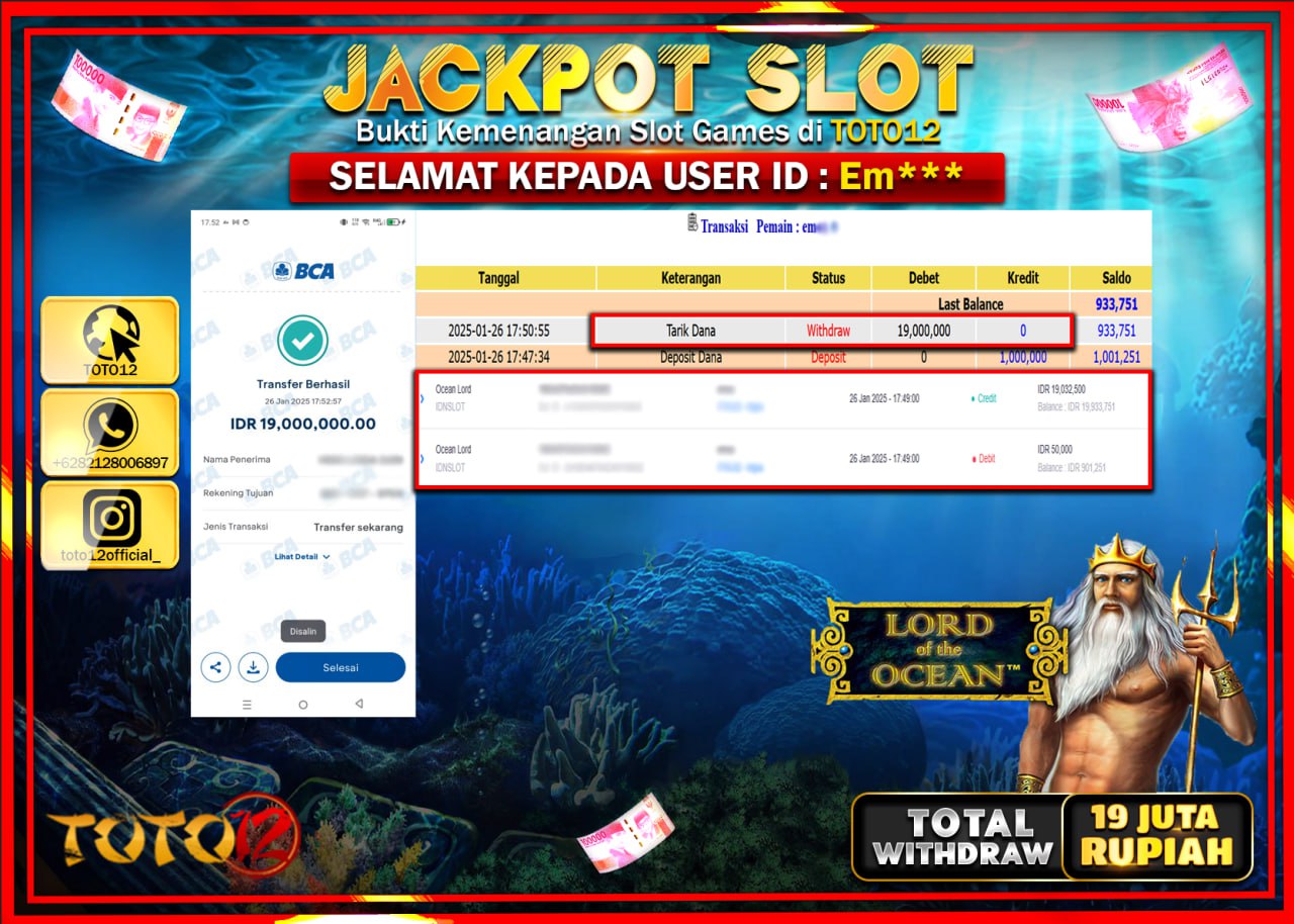 HANYA DI TOTO12 JP PASTI DI BAYAR LUNAS DAN CEPAT!!!!!! JACKPOT SLOT GAME (OCEAN LORD) Rp.19.000.000 !!!!