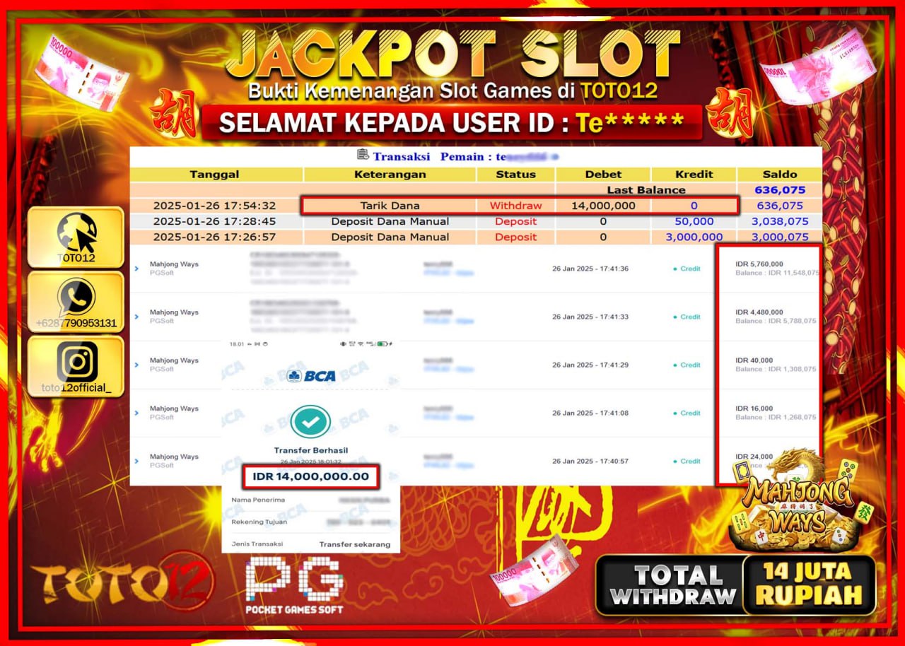 HANYA DI TOTO12 JP PASTI DI BAYAR LUNAS DAN CEPAT!!!!!! JACKPOT SLOT GAME (MAHJONG WAYS) Rp.14.000.000 !!!!