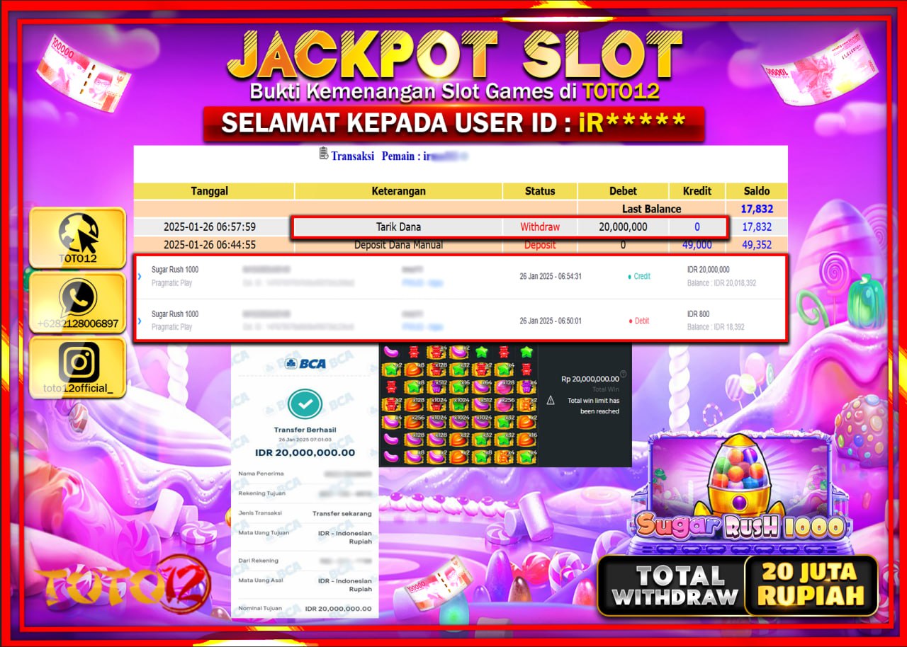HANYA DI TOTO12 JP PASTI DI BAYAR LUNAS DAN CEPAT!!!!!! JACKPOT SLOT GAME (SUGAR RUSH 1000) Rp.20.000.000 !!!!