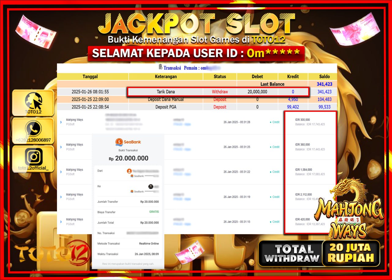HANYA DI TOTO12 JP PASTI DI BAYAR LUNAS DAN CEPAT!!!!!! JACKPOT SLOT GAME (MAHJONG WAYS) Rp.20.000.000 !!!!