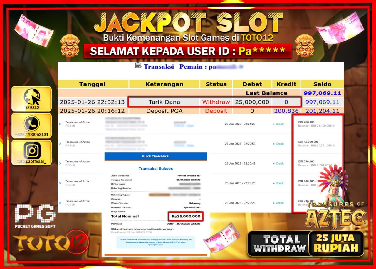 HANYA DI TOTO12 JP PASTI DI BAYAR LUNAS DAN CEPAT!!!!!! JACKPOT SLOT GAME (TREASURES OF AZTEC) Rp.25.000.000 !!!!