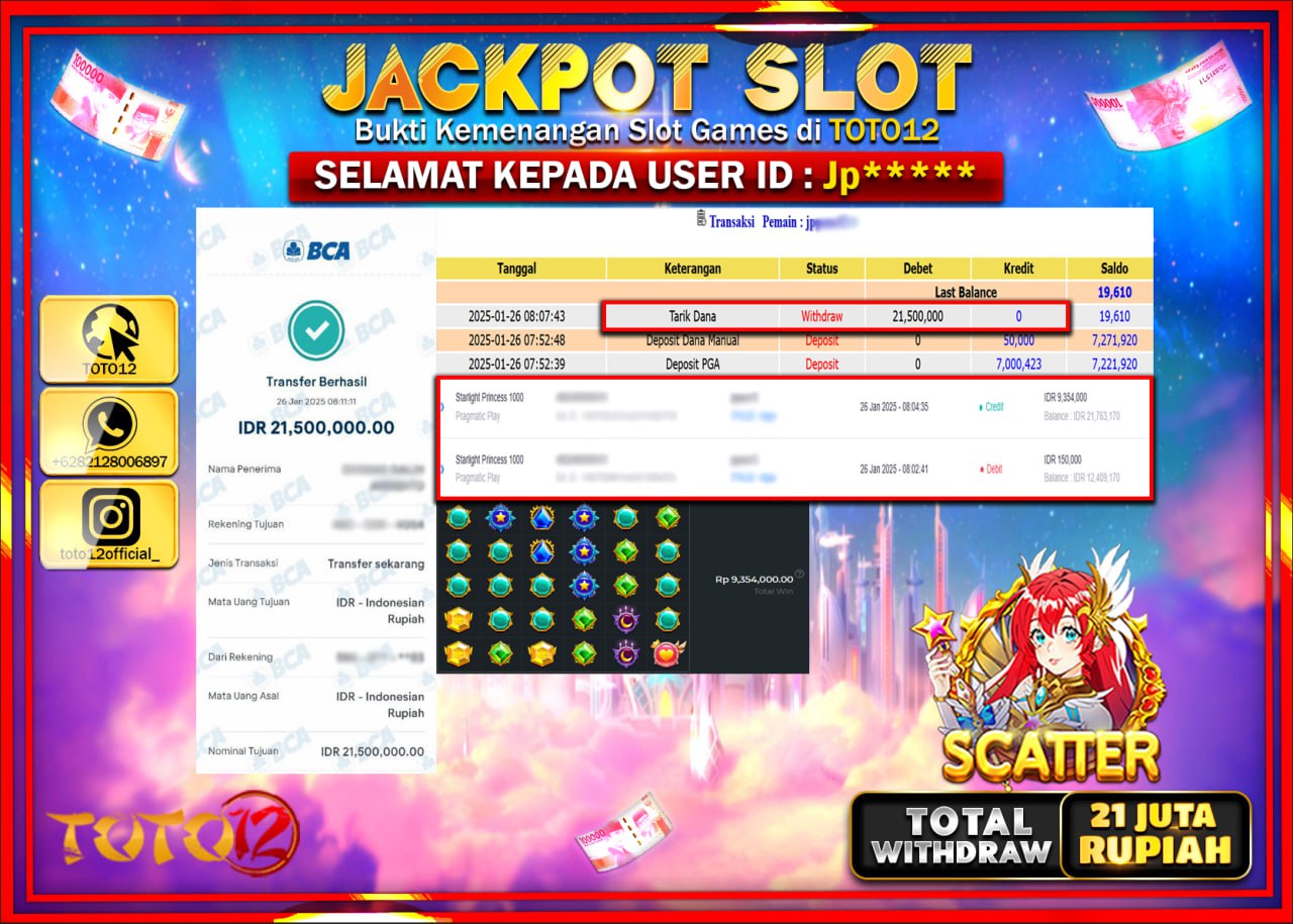 HANYA DI TOTO12 JP PASTI DI BAYAR LUNAS DAN CEPAT!!!!!! JACKPOT SLOT GAME (STARLIGHT PRINCESS 1000) Rp.21.000.000 !!!!