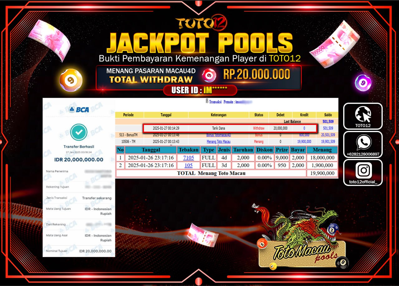 HANYA DI TOTO12 JP PASTI DI BAYAR LUNAS DAN CEPAT!!!!!! JACKPOT POOLS PASARAN (TOTO MACAU) Rp.20.000.000 !!!!
