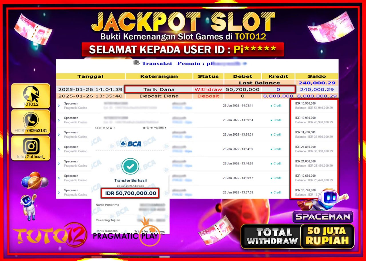 HANYA DI TOTO12 JP PASTI DI BAYAR LUNAS DAN CEPAT!!!!!! JACKPOT SLOT GAME (SPACEMAN) Rp.50.000.000 !!!!