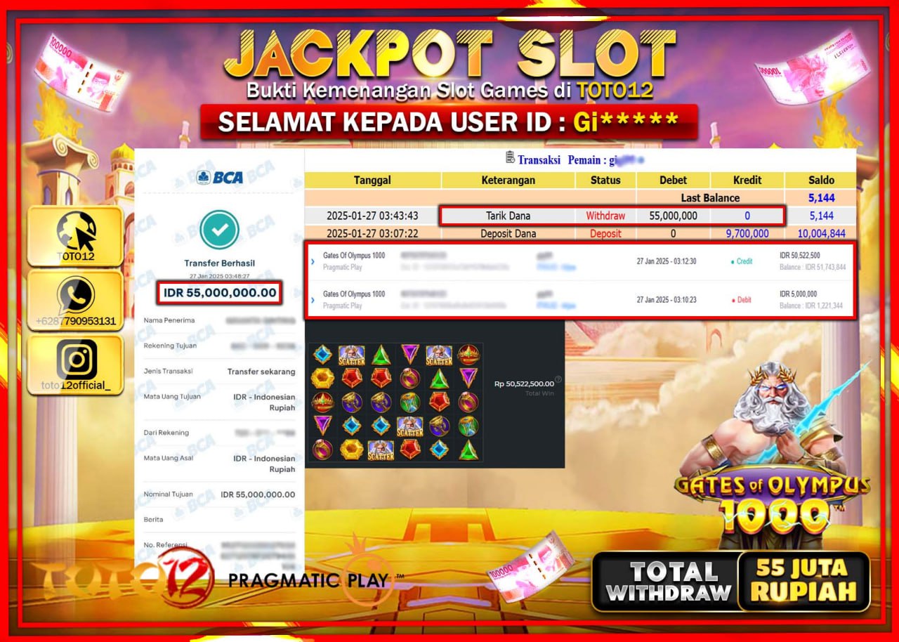 HANYA DI TOTO12 JP PASTI DI BAYAR LUNAS DAN CEPAT!!!!!! JACKPOT SLOT GAME (GATES OF OLYMPUS 1000) Rp.55.000.000 !!!!