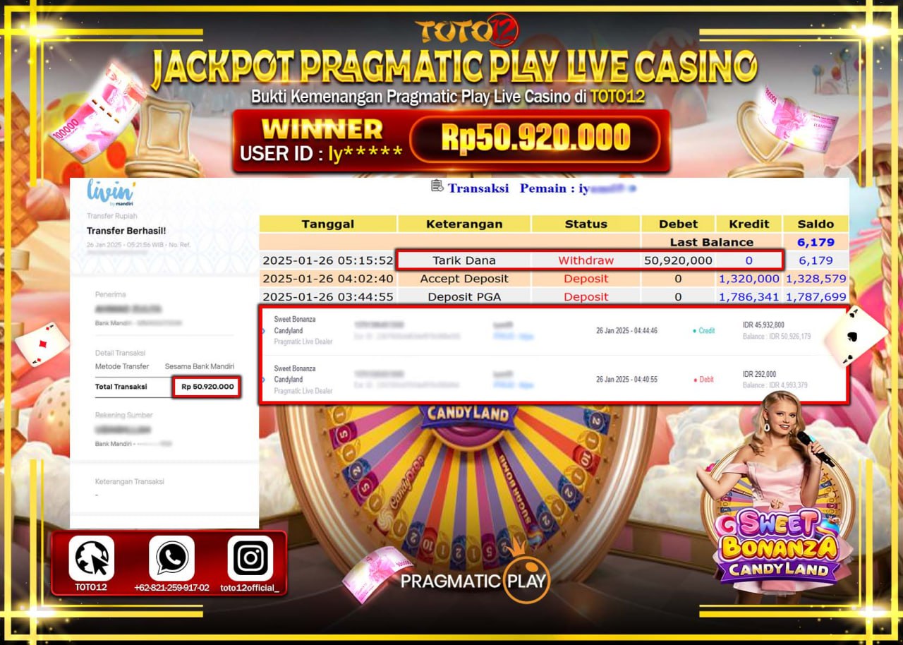 HANYA DI TOTO12 JP PASTI DI BAYAR LUNAS DAN CEPAT!!!!!! JACKPOT PRAGMATIC PLAY LIVE CASINO (SWEET BONANZA CANDY LAND) Rp.50.920.000 !!!!