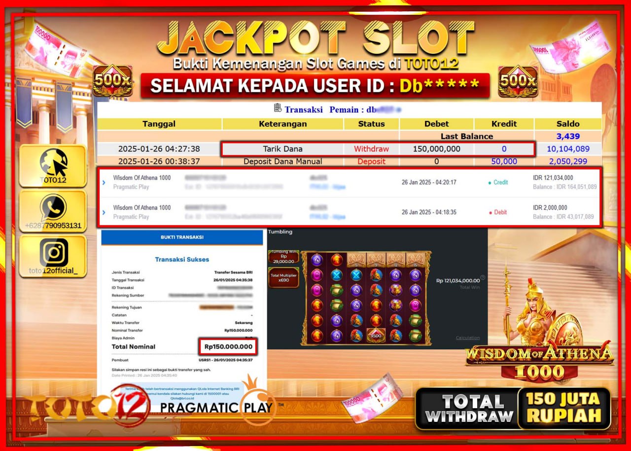 HANYA DI TOTO12 JP PASTI DI BAYAR LUNAS DAN CEPAT!!!!!! JACKPOT SLOT GAME (WISDOM OF ATHENA 1000) Rp.150.000.000 !!!!