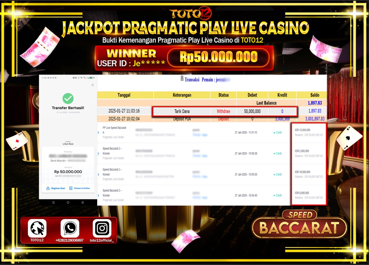 HANYA DI TOTO12 JP PASTI DI BAYAR LUNAS DAN CEPAT!!!!!! JACKPOT PRAGMATIC PLAY LIVE CASINO (SPEED BACCARAT ) Rp.50.000.000 !!!!