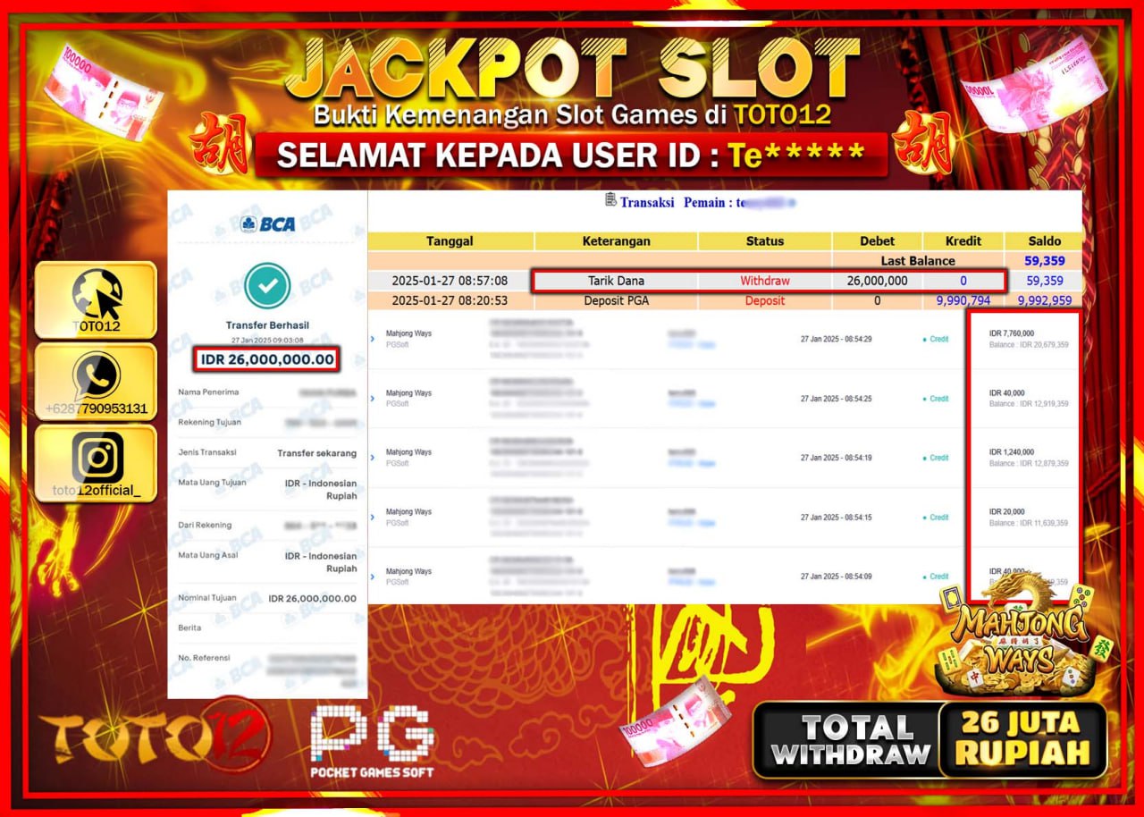 HANYA DI TOTO12 JP PASTI DI BAYAR LUNAS DAN CEPAT!!!!!! JACKPOT SLOT GAME (MAHJONG WAYS) Rp.26.000.000 !!!!