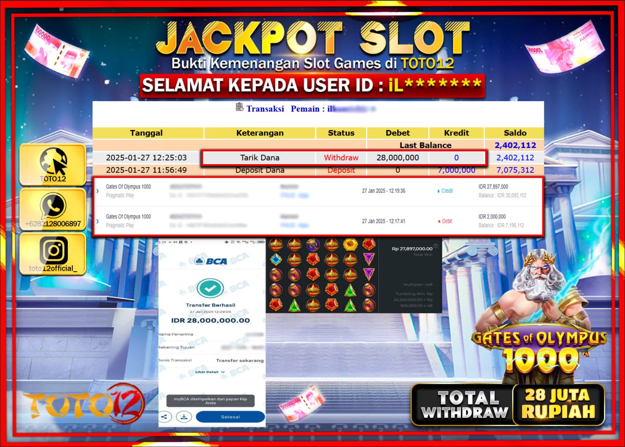 HANYA DI TOTO12 JP PASTI DI BAYAR LUNAS DAN CEPAT!!!!!! JACKPOT SLOT GAME (GATES OF OLYMPUS 1000) Rp.28.000.000 !!!!
