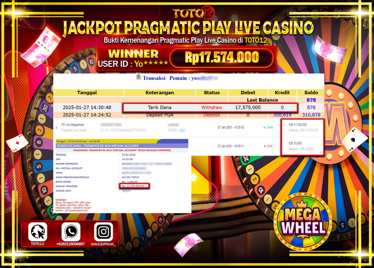 HANYA DI TOTO12 JP PASTI DI BAYAR LUNAS DAN CEPAT!!!!!! JACKPOT PRAGMATIC PLAY LIVE CASINO (MEGA WHEEL) Rp.17.574.000 !!!!