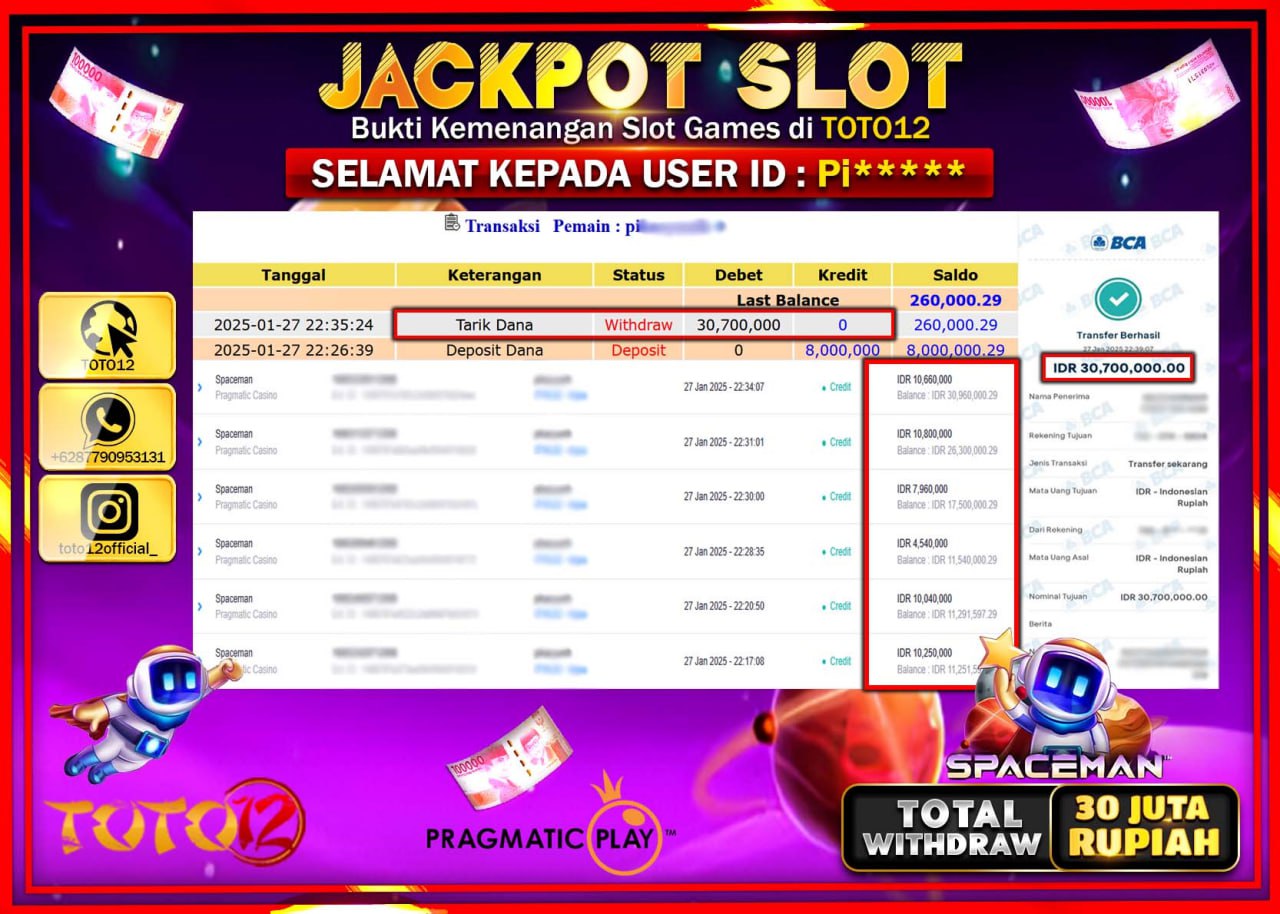 HANYA DI TOTO12 JP PASTI DI BAYAR LUNAS DAN CEPAT!!!!!! JACKPOT SLOT GAME (SPACEMAN) Rp.30.000.000 !!!!