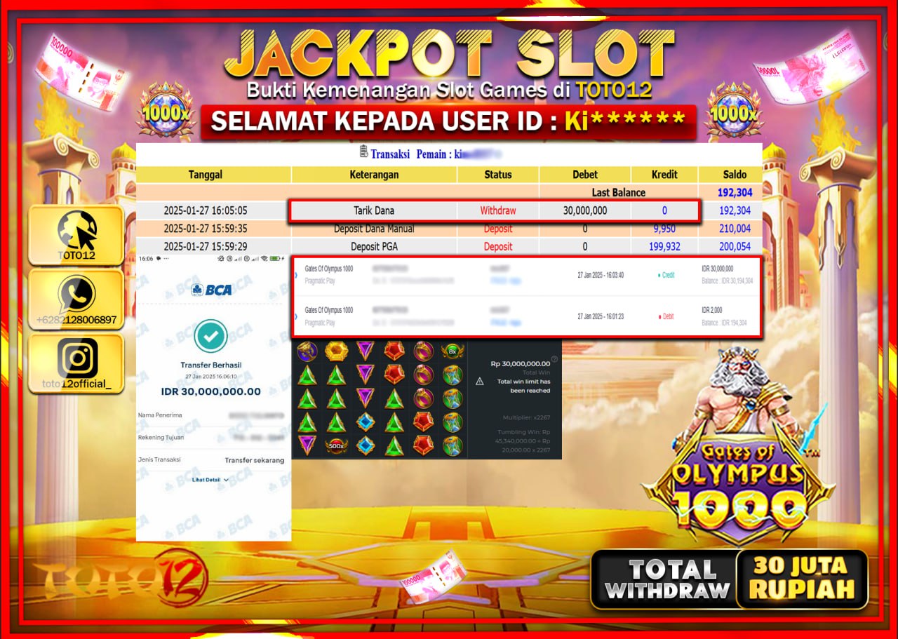 HANYA DI TOTO12 JP PASTI DI BAYAR LUNAS DAN CEPAT!!!!!! JACKPOT SLOT GAME (GATES OF OLYMPUS 1000) Rp.30.000.000 !!!!