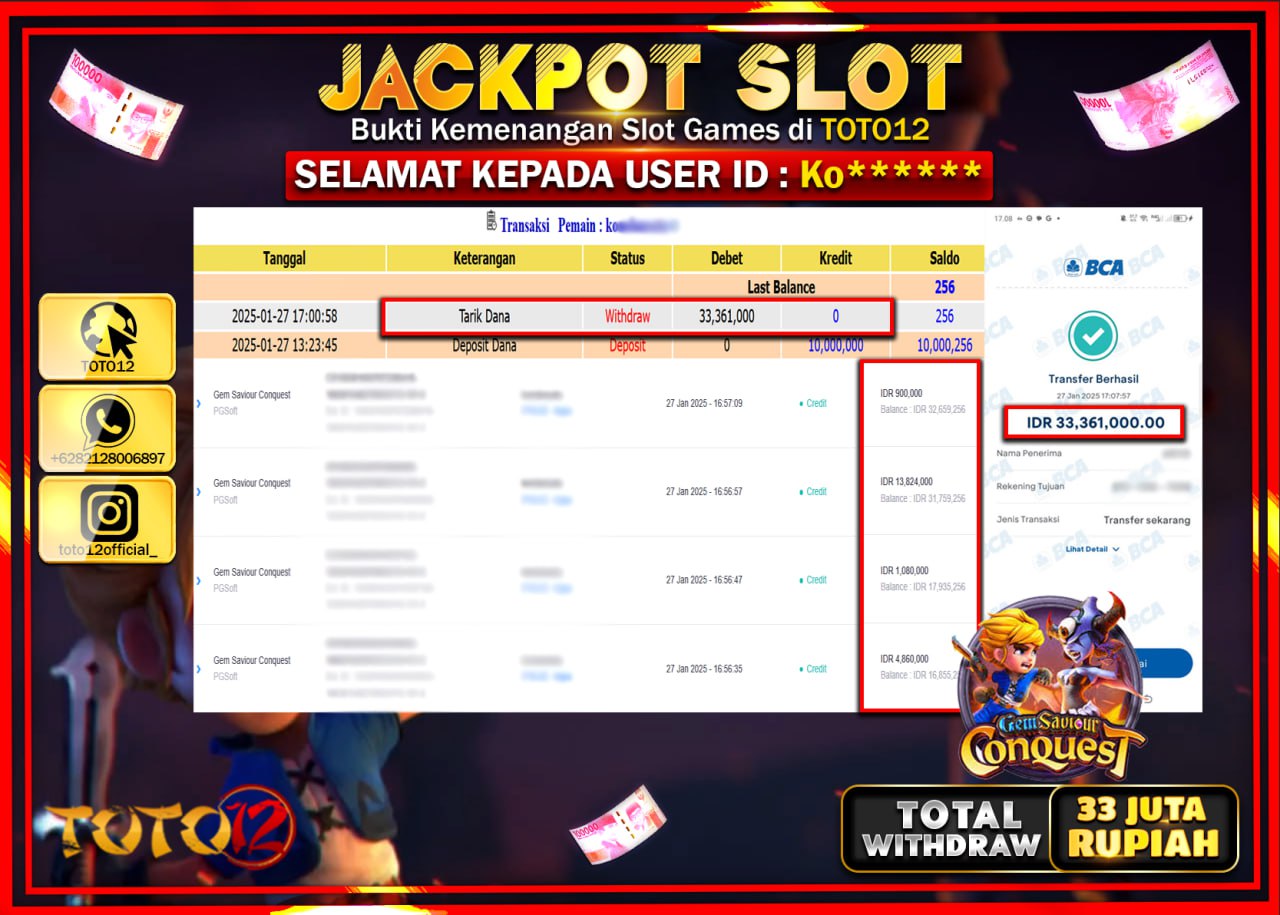 HANYA DI TOTO12 JP PASTI DI BAYAR LUNAS DAN CEPAT!!!!!! JACKPOT SLOT GAME (GEM SAVIOUR CONQUEST) Rp.33.000.000 !!!!