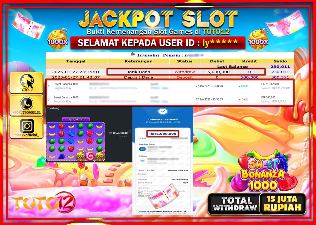 HANYA DI TOTO12 JP PASTI DI BAYAR LUNAS DAN CEPAT!!!!!! JACKPOT SLOT GAME (SWEET BONANZA 1000) Rp.15.000.000 !!!!