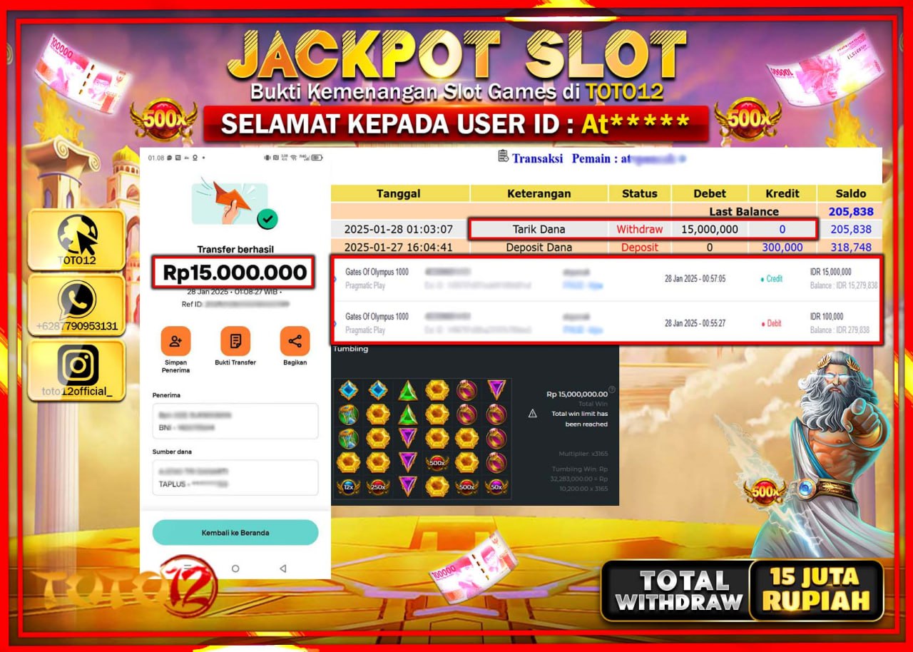 HANYA DI TOTO12 JP PASTI DI BAYAR LUNAS DAN CEPAT!!!!!! JACKPOT SLOT GAME (GATES OF OLYMPUS 1000) Rp.15.000.000 !!!!