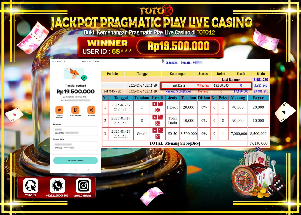 HANYA DI TOTO12 JP PASTI DI BAYAR LUNAS DAN CEPAT!!!!!! JACKPOT PRAGMATIC PLAY LIVE CASINO (SICBO DICE) Rp.19.500.000 !!!!