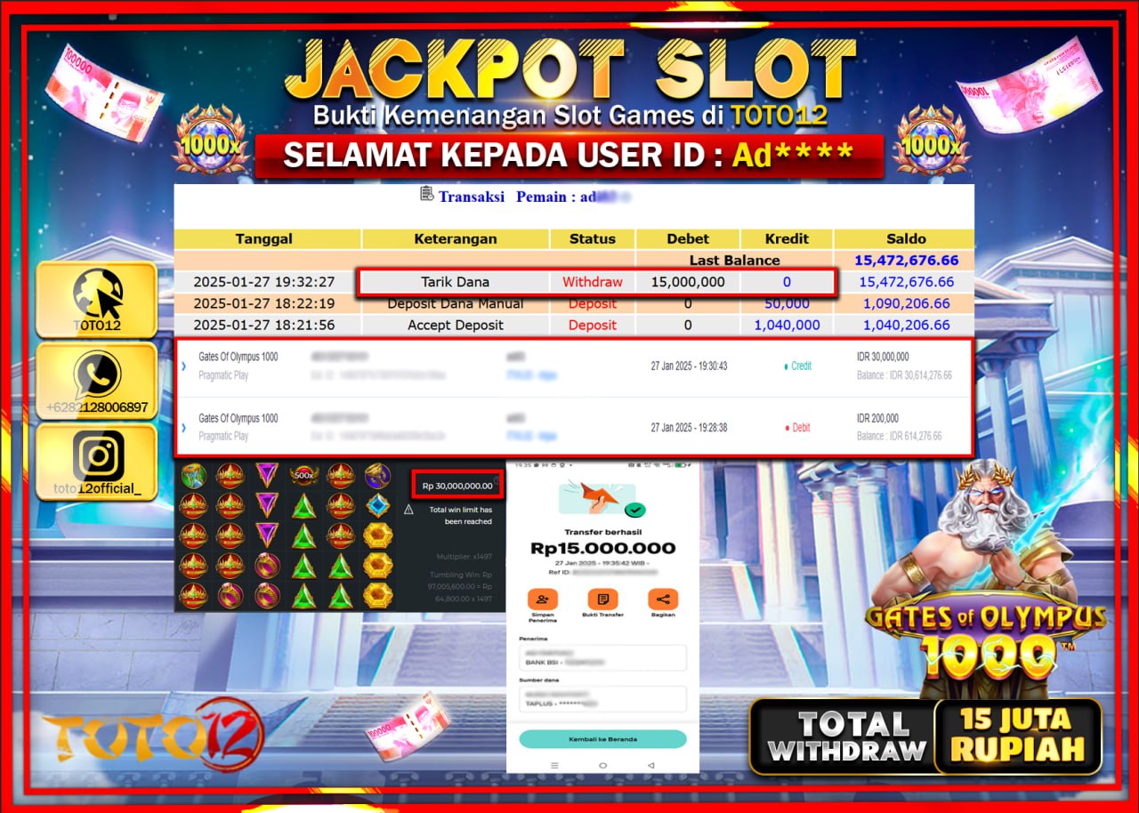 HANYA DI TOTO12 JP PASTI DI BAYAR LUNAS DAN CEPAT!!!!!! JACKPOT SLOT GAME (GATES OF OLYMPUS 1000) Rp.15.000.000 !!!!