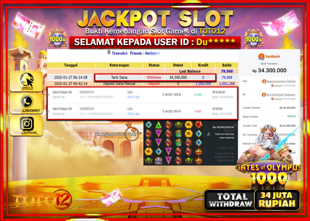 HANYA DI TOTO12 JP PASTI DI BAYAR LUNAS DAN CEPAT!!!!!! JACKPOT SLOT GAME (GATES OF OLYMPUS 1000) Rp.34.000.000 !!!!