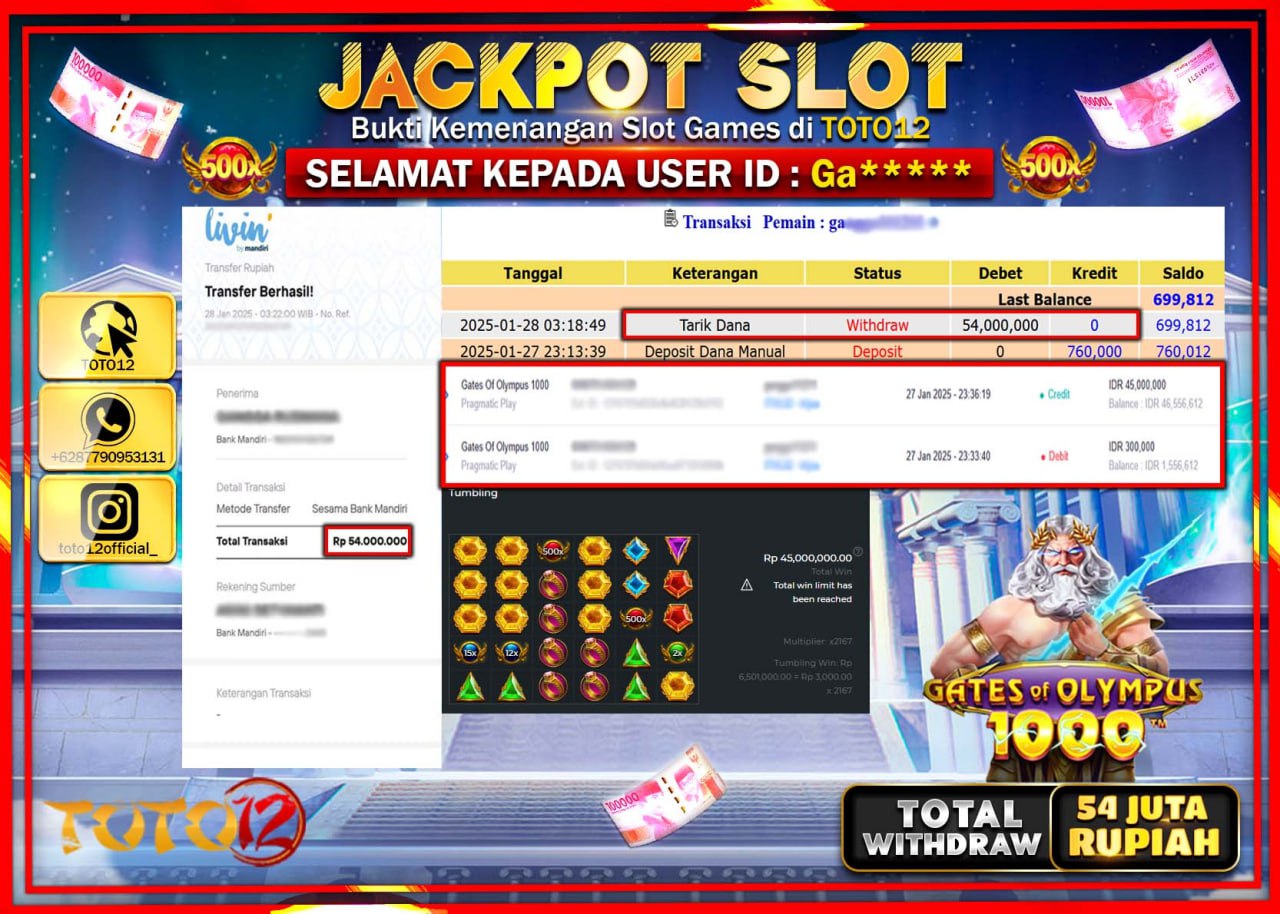 HANYA DI TOTO12 JP PASTI DI BAYAR LUNAS DAN CEPAT!!!!!! JACKPOT SLOT GAME (GATES  OF OLYMPUS 1000) Rp.54.000.000 !!!!