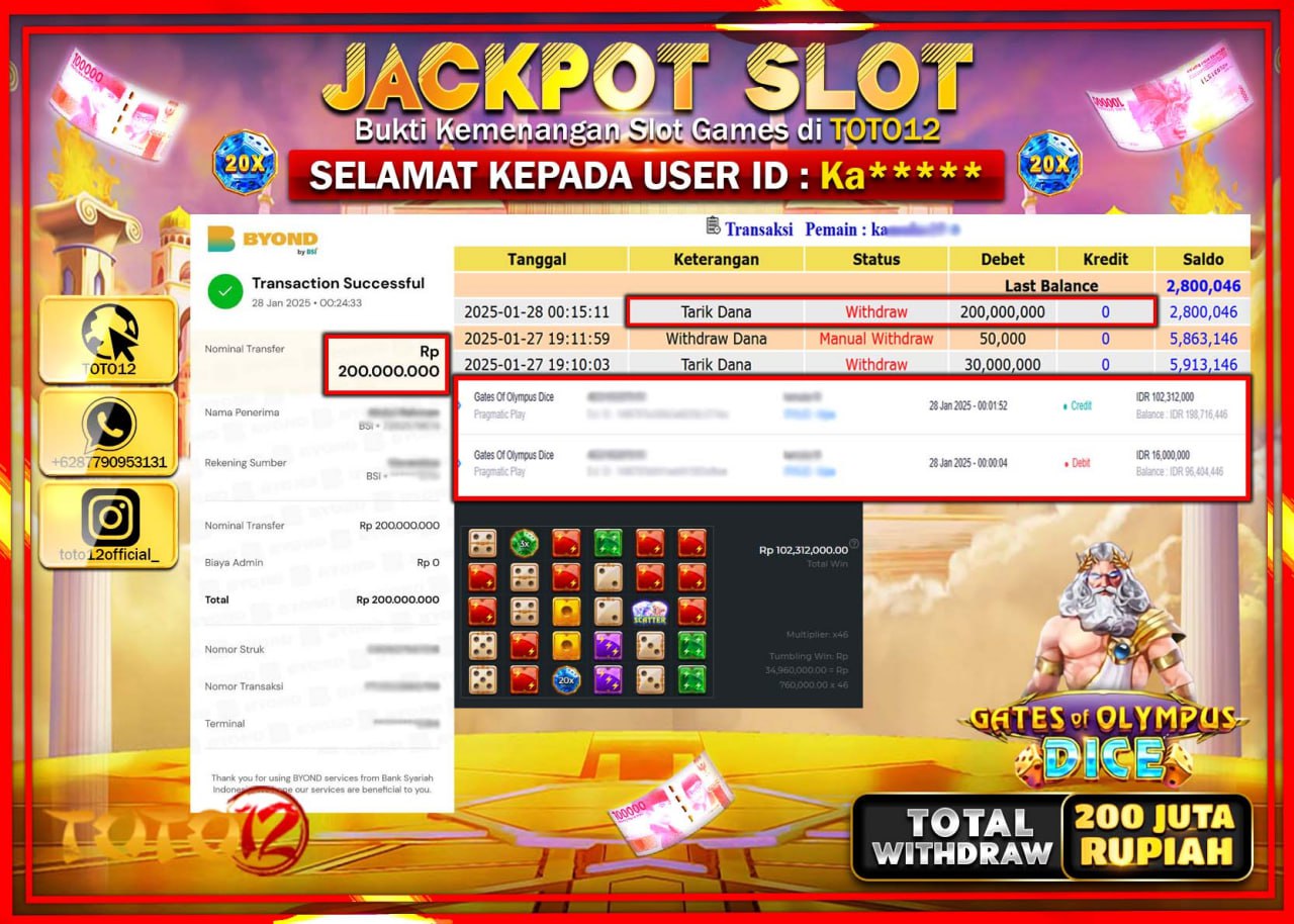 HANYA DI TOTO12 JP PASTI DI BAYAR LUNAS DAN CEPAT!!!!!! JACKPOT SLOT GAME (GATES OF OLYMPUS DICE) Rp.200.000.000 !!!!