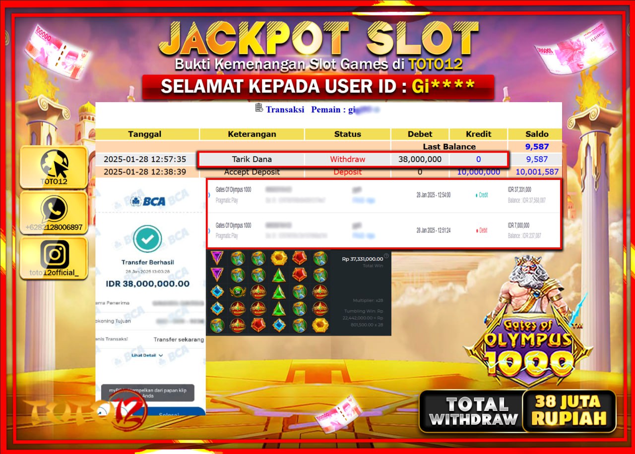 HANYA DI TOTO12 JP PASTI DI BAYAR LUNAS DAN CEPAT!!!!!! JACKPOT SLOT GAME (GATES OF OLYMPUS 1000) Rp.38.000.000 !!!!