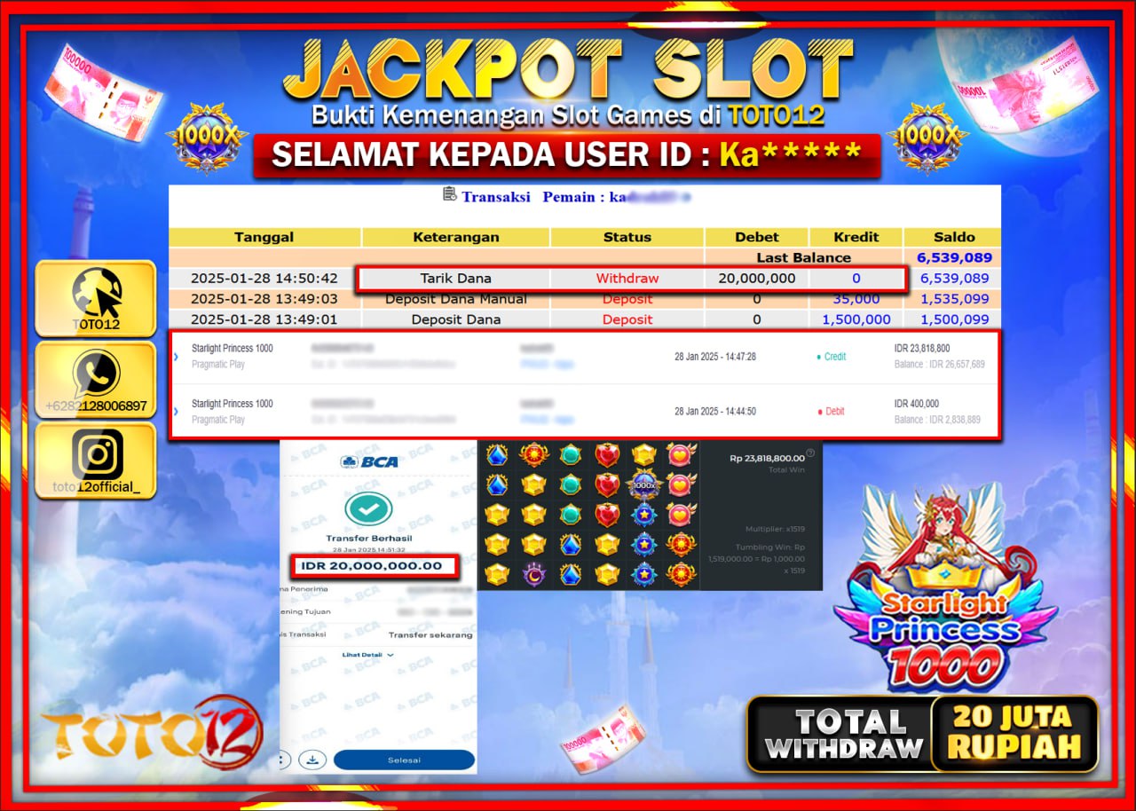HANYA DI TOTO12 JP PASTI DI BAYAR LUNAS DAN CEPAT!!!!!! JACKPOT SLOT GAME (STARLIGHT PRINCESS 1000) Rp.20.000.000 !!!!