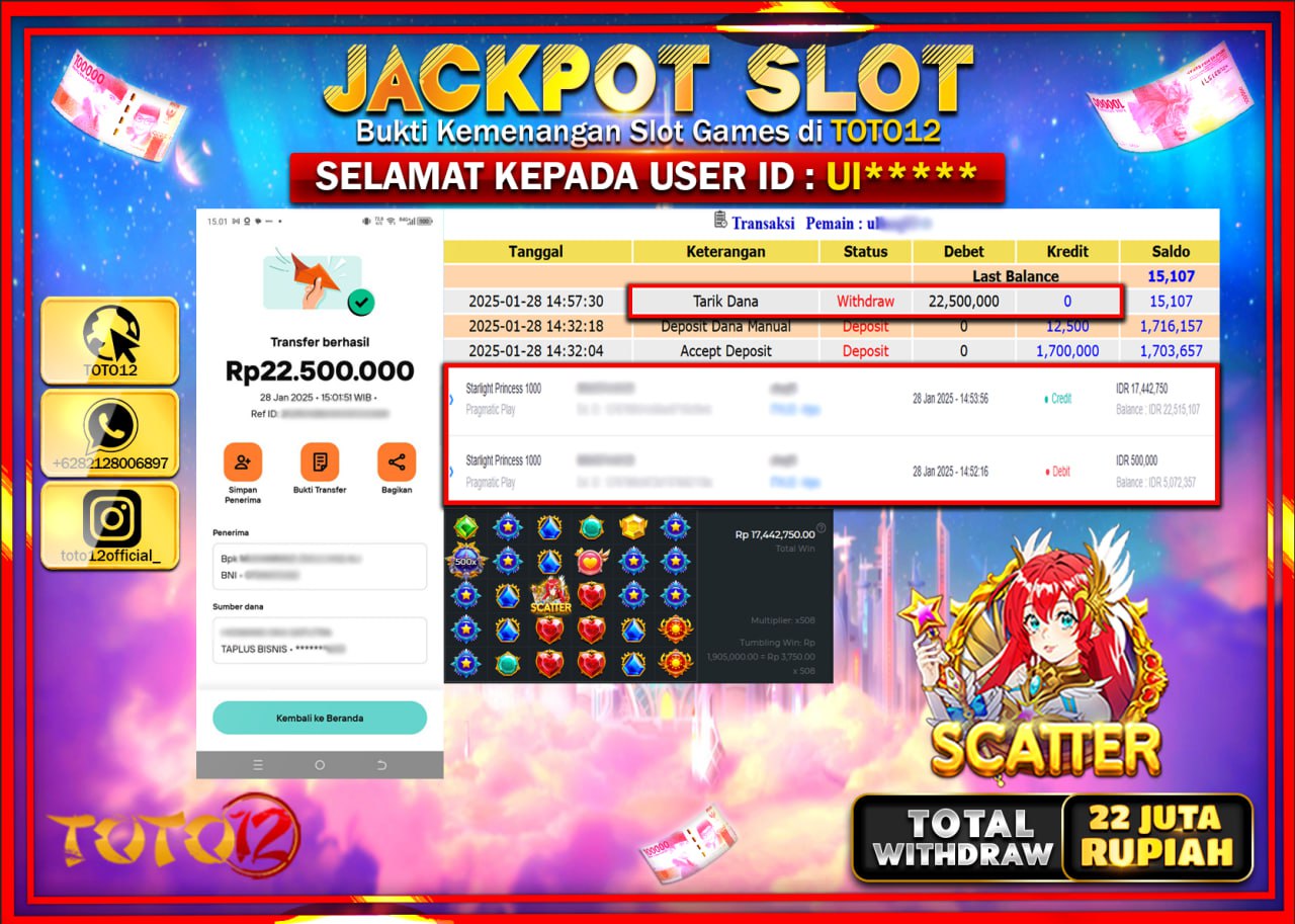 HANYA DI TOTO12 JP PASTI DI BAYAR LUNAS DAN CEPAT!!!!!! JACKPOT SLOT GAME (STARLIGHT PRINCESS 1000) Rp.22.000.000 !!!!