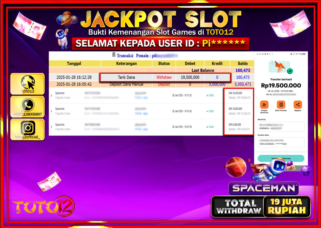 HANYA DI TOTO12 JP PASTI DI BAYAR LUNAS DAN CEPAT!!!!!! JACKPOT SLOT GAME (SPACEMAN) Rp.19.000.000 !!!!