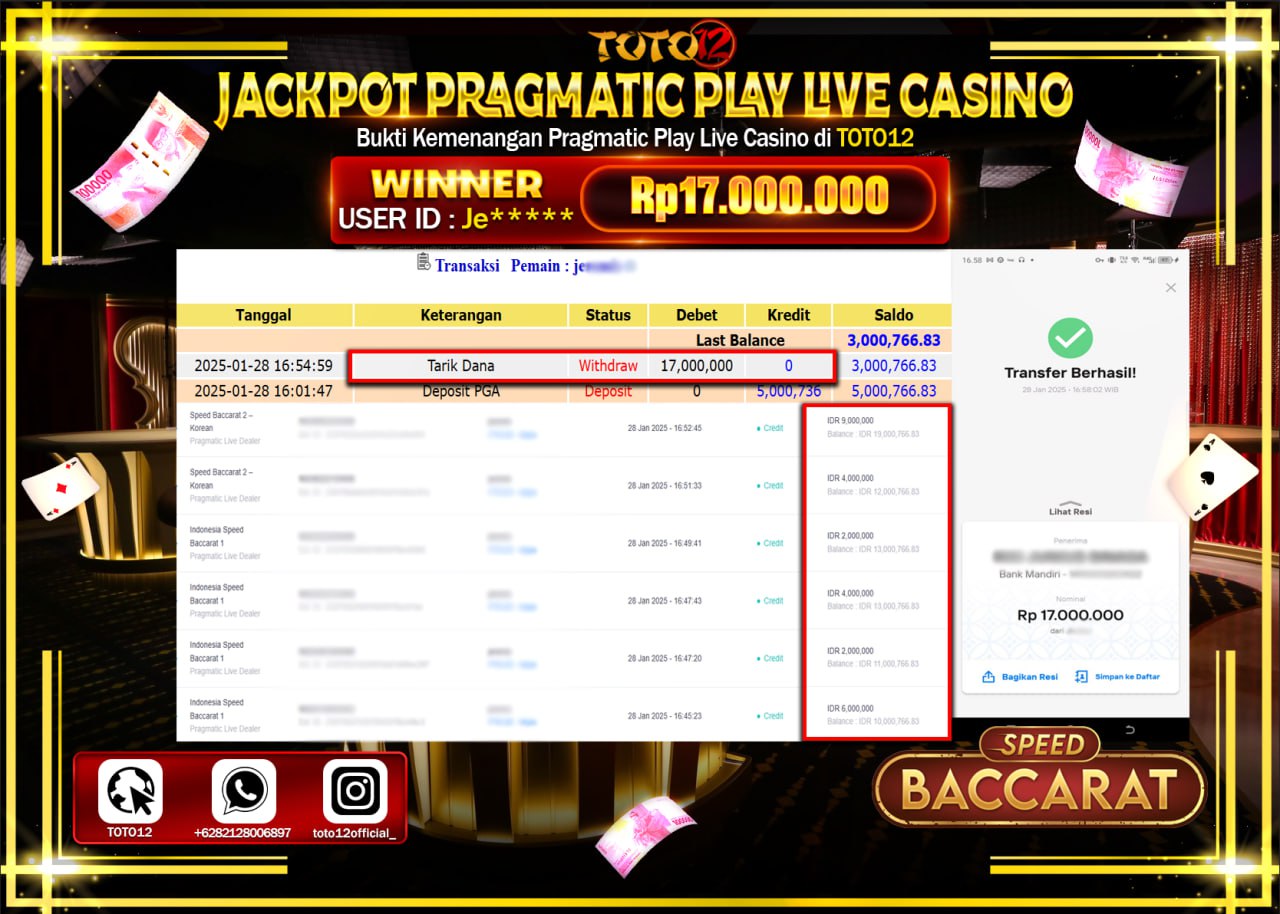 HANYA DI TOTO12 JP PASTI DI BAYAR LUNAS DAN CEPAT!!!!!! JACKPOT PRAGMATIC PLAY LIVE CASINO (SPEED BACCARAT) Rp.17.000.000 !!!!