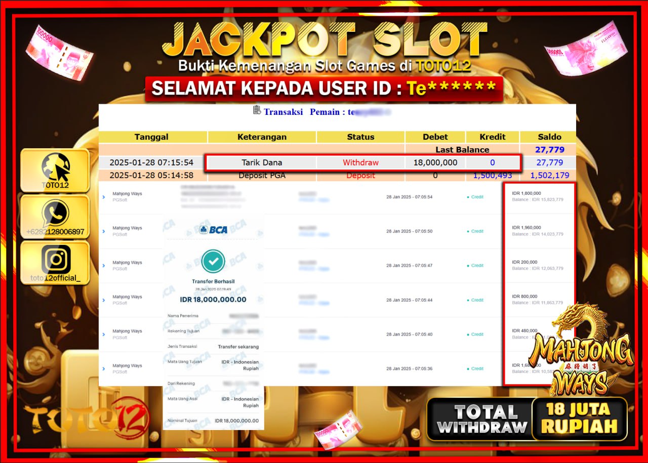 HANYA DI TOTO12 JP PASTI DI BAYAR LUNAS DAN CEPAT!!!!!! JACKPOT SLOT GAME (MAHJONG WAYS) Rp.18.000.000 !!!!