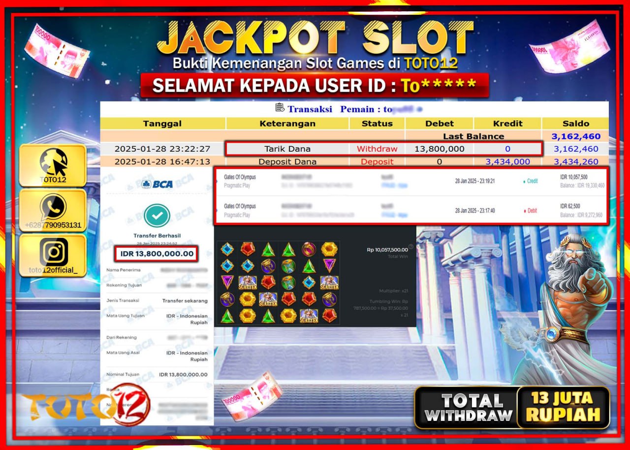 HANYA DI TOTO12 JP PASTI DI BAYAR LUNAS DAN CEPAT!!!!!! JACKPOT SLOT GAME (GATES OF OLYMPUS) Rp.13.000.000 !!!!