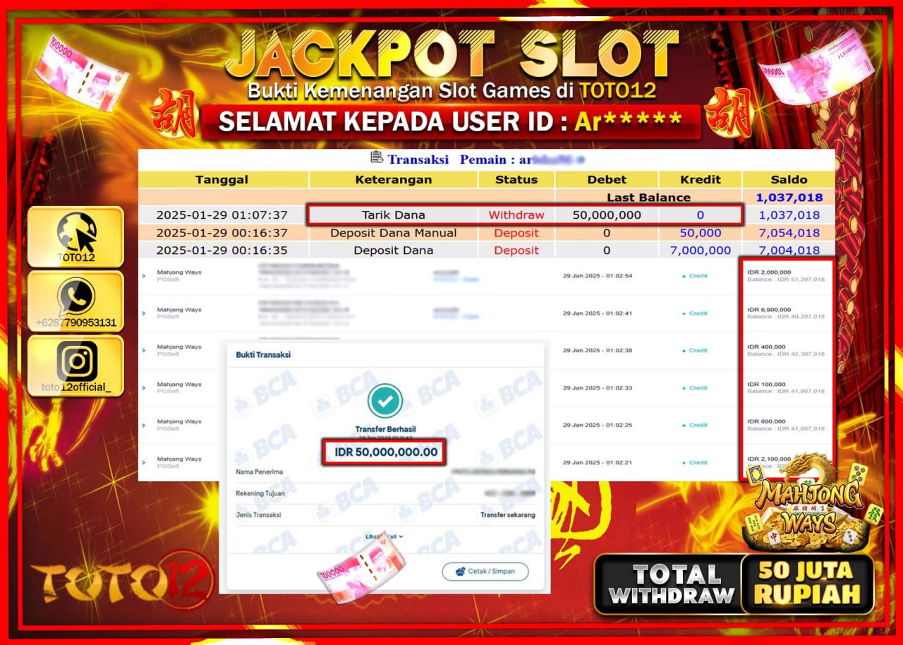 HANYA DI TOTO12 JP PASTI DI BAYAR LUNAS DAN CEPAT!!!!!! JACKPOT SLOT GAME (MAHJONG WAYS) Rp.50.000.000 !!!!